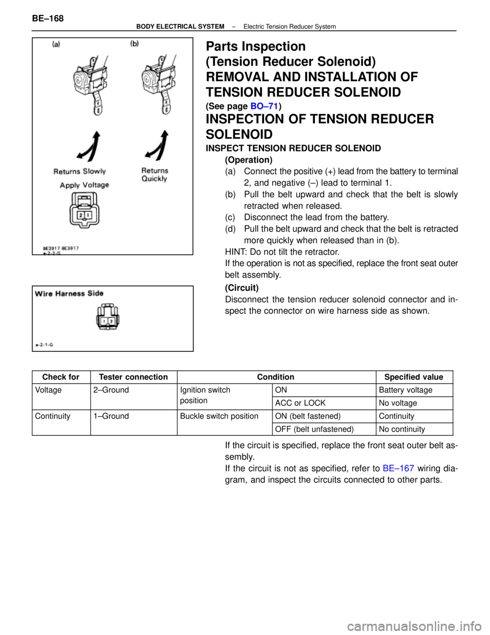 LEXUS SC400 1991  Service Repair Manual 
Parts Inspection
(Tension Reducer Solenoid)
REMOVAL AND INSTALLATION OF
TENSION REDUCER SOLENOID
(See page BO±71)
INSPECTION OF TENSION REDUCER
SOLENOID
INSPECT TENSION REDUCER SOLENOID
(Operation)
