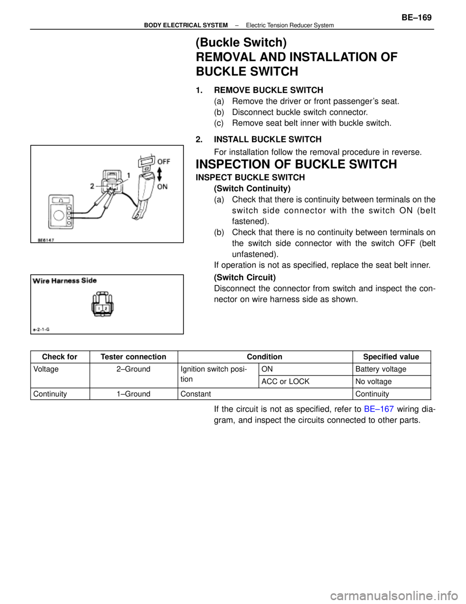 LEXUS SC400 1991  Service Repair Manual 
(Buckle Switch)
REMOVAL AND INSTALLATION OF
BUCKLE SWITCH
1.  REMOVE BUCKLE SWITCH(a)  Remove the driver or front passengers seat.
(b)  Disconnect buckle switch connector.
(c)  Remove seat belt inne