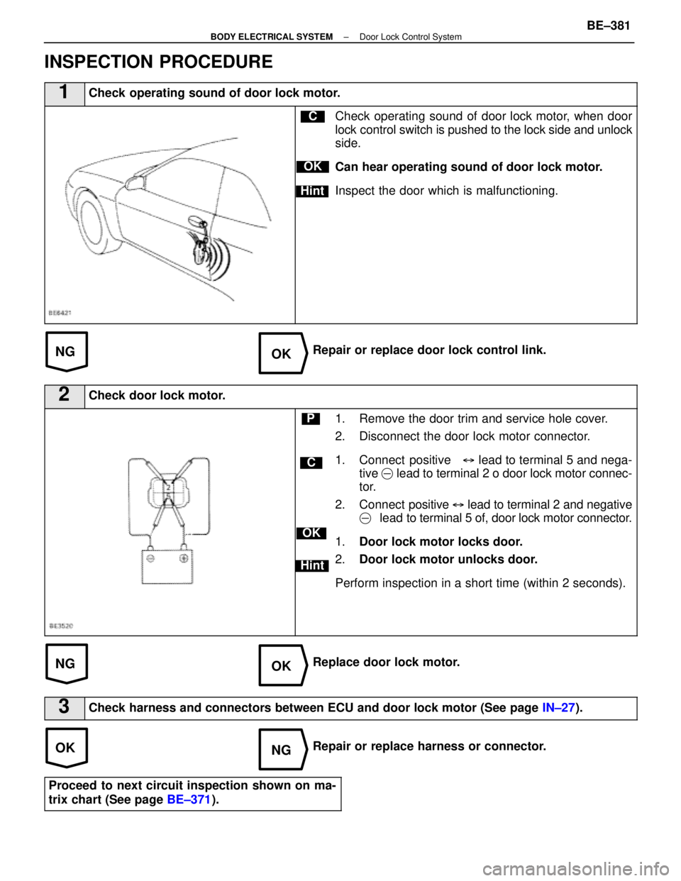 LEXUS SC400 1991  Service Repair Manual 
NGOK
NGOK
OKNG
INSPECTION PROCEDURE
1Check operating sound of door lock motor.
C
OK
Hint
Check operating sound of door lock motor, when door
lock control switch is pushed to the lock side and unlock
