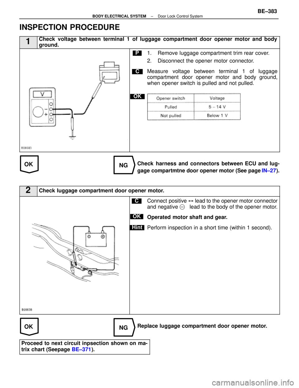 LEXUS SC400 1991  Service Repair Manual 
OKNG
OKNG
INSPECTION PROCEDURE
1Check voltage between terminal 1 of luggage compartment door opener motor and body
ground.
C
OK
P1. Remove luggage compartment trim rear cover.
2. Disconnect the opene
