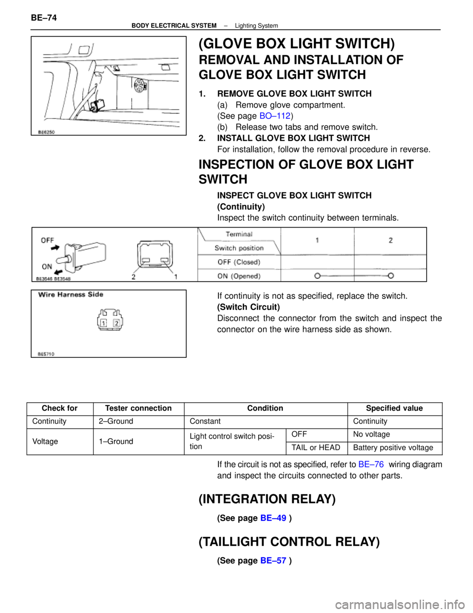 LEXUS SC400 1991  Service Repair Manual 
(GLOVE BOX LIGHT SWITCH)
REMOVAL AND INSTALLATION OF
GLOVE BOX LIGHT SWITCH
1.  REMOVE GLOVE BOX LIGHT SWITCH(a)  Remove glove compartment.
(See page  BO±112)
(b)  Release two tabs and remove switch