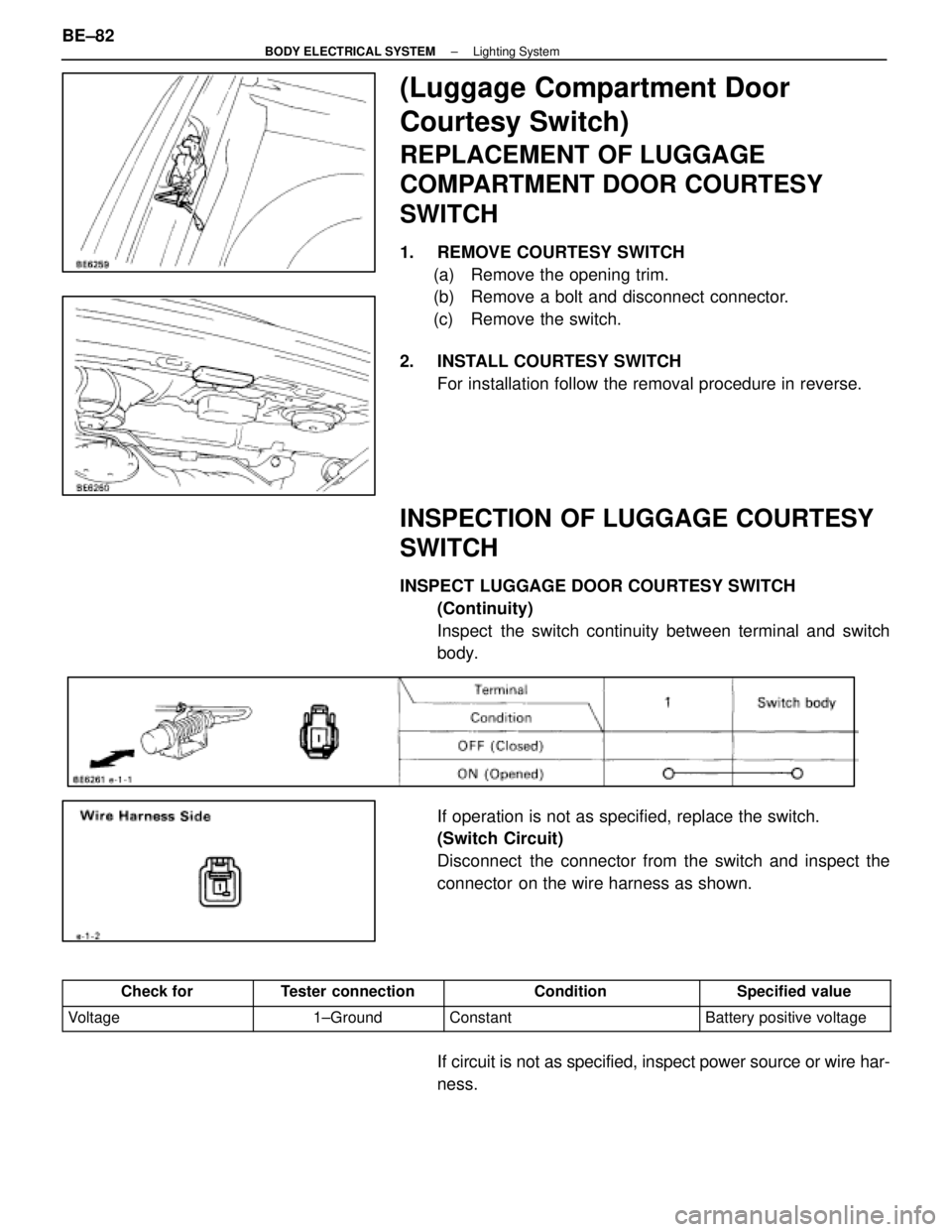 LEXUS SC400 1991  Service Repair Manual 
(Luggage Compartment Door
Courtesy Switch)
REPLACEMENT OF LUGGAGE
COMPARTMENT DOOR COURTESY
SWITCH
1.  REMOVE COURTESY SWITCH(a)  Remove the opening trim.
(b)  Remove a bolt and disconnect connector.