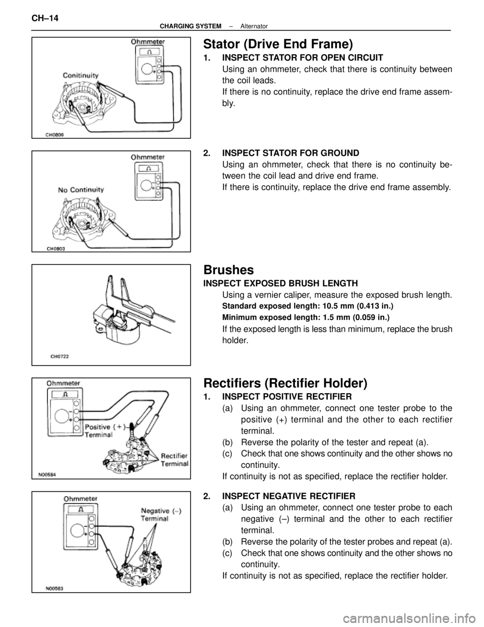 LEXUS SC300 1991 Service Repair Manual
Stator (Drive End Frame)
1. INSPECT STATOR FOR OPEN CIRCUITUsing an ohmmeter, check that there is continuity between
the coil leads.
If there is no continuity, replace the drive end frame assem-
bly LEXUS SC300 1991 Service Repair Manual
Stator (Drive End Frame)
1. INSPECT STATOR FOR OPEN CIRCUITUsing an ohmmeter, check that there is continuity between
the coil leads.
If there is no continuity, replace the drive end frame assem-
bly