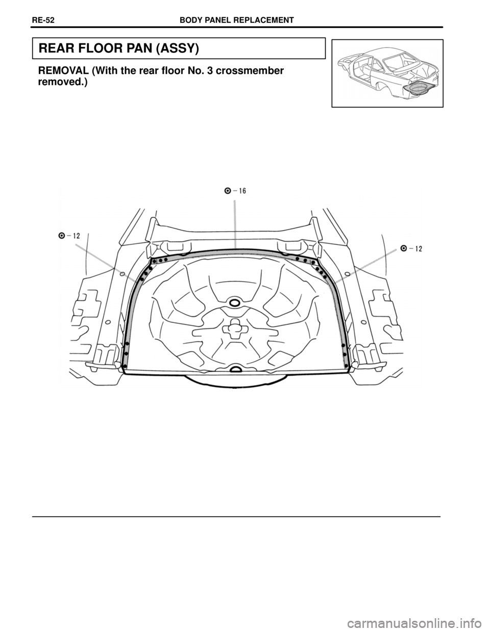 LEXUS SC300 1991  Service Repair Manual 
REAR FLOOR PAN (ASSY)
REMOVAL (With the rear floor No. 3 crossmember
removed.)
BODY PANEL REPLACEMENTRE-52 
WhereEverybodyKnowsYourName  