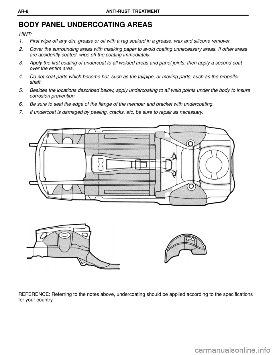 LEXUS SC300 1991  Service Repair Manual 
BODY PANEL UNDERCOATING AREAS
HINT:1. First wipe off any dirt, grease or oil with a rag soaked in a grease, wa\
x and silicone remover.
2. Cover the surrounding areas with masking paper to avoid coat