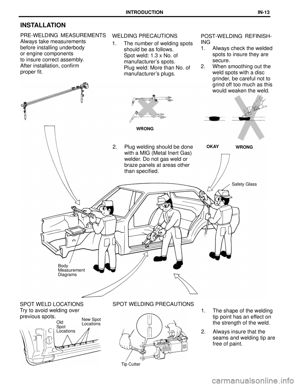 LEXUS SC300 1991  Service Repair Manual 
INSTALLATION
PRE-WELDING MEASUREMENTS
Always take measurements 
before installing underbody 
or engine components 
to insure correct assembly.
After installation, confirm 
proper fit.POST-WELDING REF