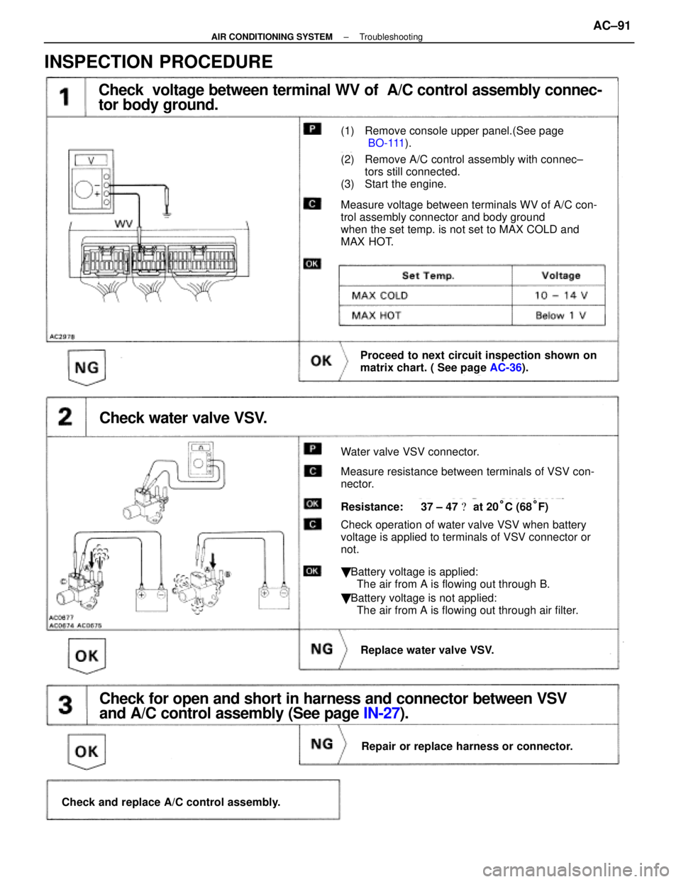 LEXUS SC300 1991 Service Repair Manual
Check voltage between terminal WV of A/C control assembly connec-
tor body ground.
(1) Remove console upper panel.(See page
BO-111).
(2) Remove A/C control assembly with connec±
tors still connec LEXUS SC300 1991 Service Repair Manual
Check voltage between terminal WV of A/C control assembly connec-
tor body ground.
(1) Remove console upper panel.(See page
BO-111).
(2) Remove A/C control assembly with connec±
tors still connec