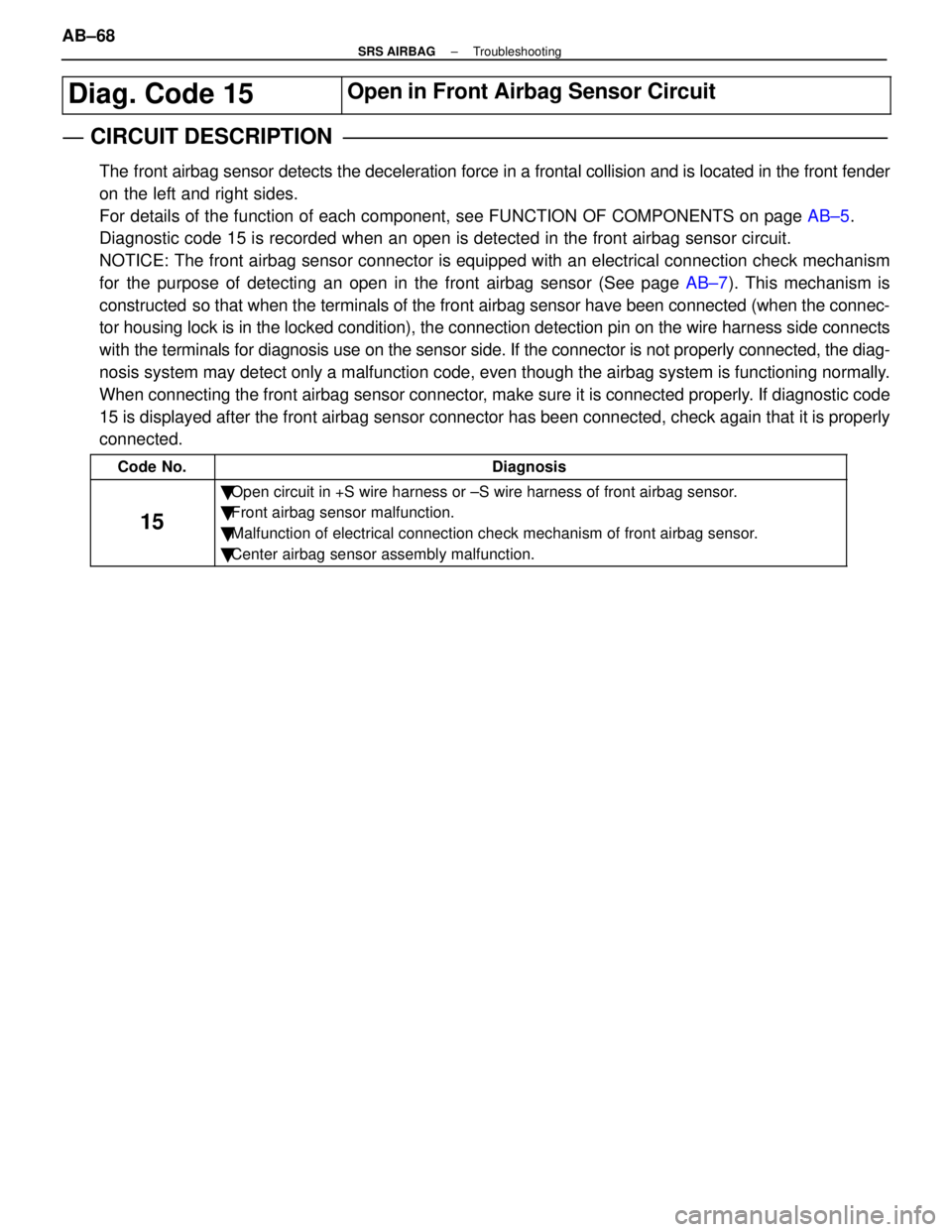 LEXUS SC300 1991 Service Repair Manual
Diag. Code 15\
\
Open in Front Airbag Sensor Circuit
CIRCUIT DESCRIPTION
The front airbag sensor detects the deceleration LEXUS SC300 1991 Service Repair Manual
Diag. Code 15\
\
Open in Front Airbag Sensor Circuit
CIRCUIT DESCRIPTION
The front airbag sensor detects the deceleration