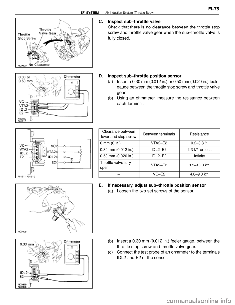 LEXUS SC300 1991  Service Repair Manual 
C. Inspect sub±throttle valveCheck that there is no clearance between the throttle stop
screw and throttle valve gear when the sub±throttle valve is
fully closed.
D.  Inspect sub±throttle position