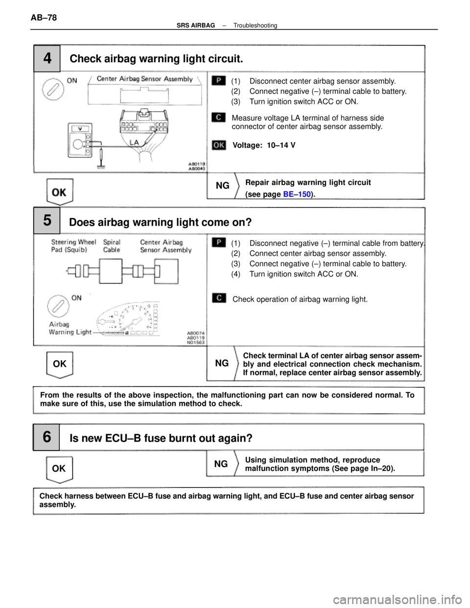LEXUS SC300 1991 Service Repair Manual
4
5
6
Check terminal LA of center airbag sensor assem-
bly and electrical connection check mechanism.
If normal, replace center airbag sensor assembly.
NG
OK
(1) Disconnect negative (±) terminal cab LEXUS SC300 1991 Service Repair Manual
4
5
6
Check terminal LA of center airbag sensor assem-
bly and electrical connection check mechanism.
If normal, replace center airbag sensor assembly.
NG
OK
(1) Disconnect negative (±) terminal cab