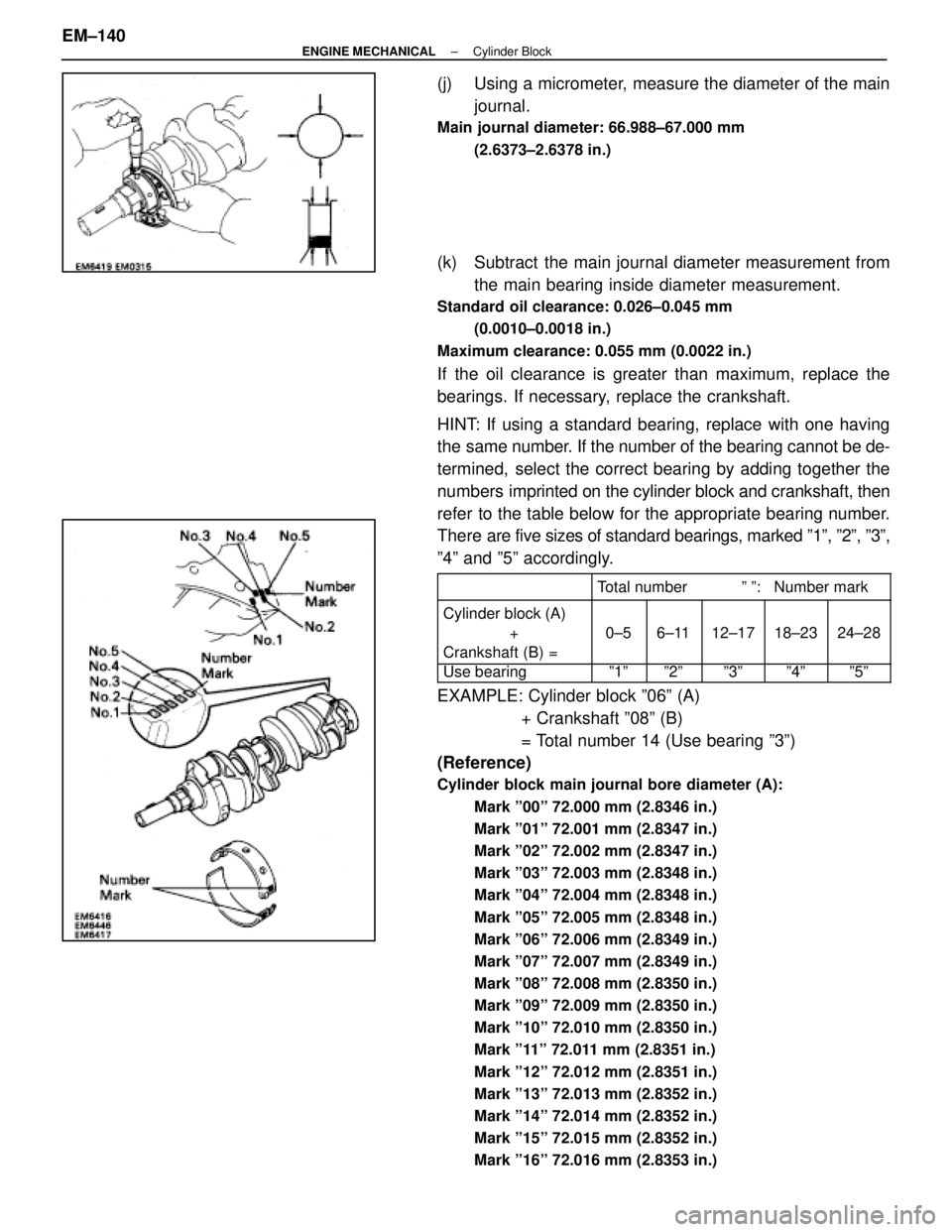 LEXUS SC300 1991  Service Repair Manual 
(j)  Using a micrometer, measure the diameter of the mainjournal.
Main journal diameter: 66.988±67.000 mm
(2.6373±2.6378 in.)
(k)  Subtract  the main journal diameter measurement fromthe main beari