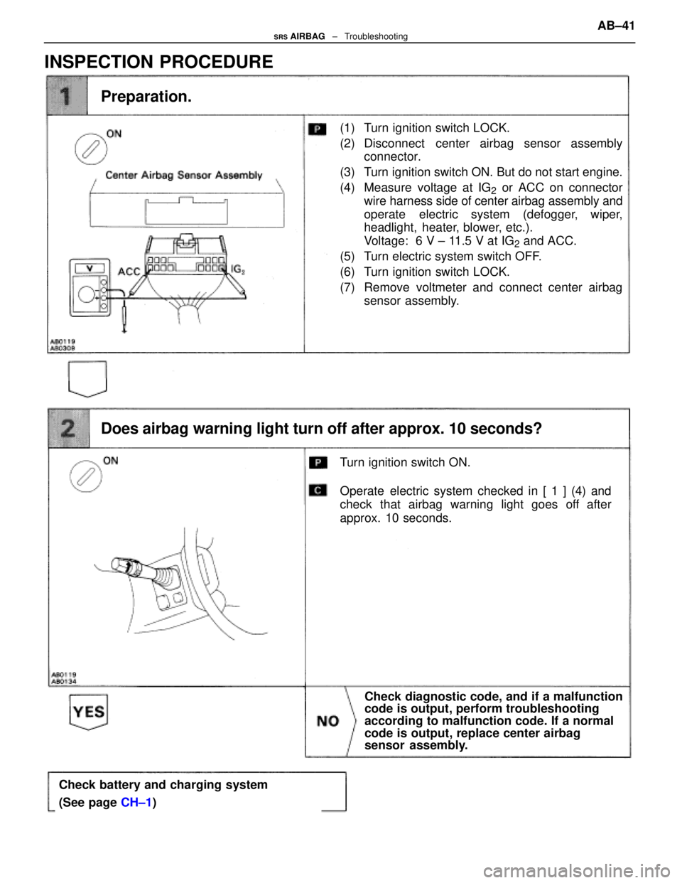LEXUS SC300 1991 Service Repair Manual
(1) Turn ignition switch LOCK.
(2) Disconnect center airbag sensor assemblyconnector.
(3) Turn ignition switch ON. But do not start engine.
(4) Measure voltage at IG
2 or ACC on connector
wire harne LEXUS SC300 1991 Service Repair Manual
(1) Turn ignition switch LOCK.
(2) Disconnect center airbag sensor assemblyconnector.
(3) Turn ignition switch ON. But do not start engine.
(4) Measure voltage at IG
2 or ACC on connector
wire harne