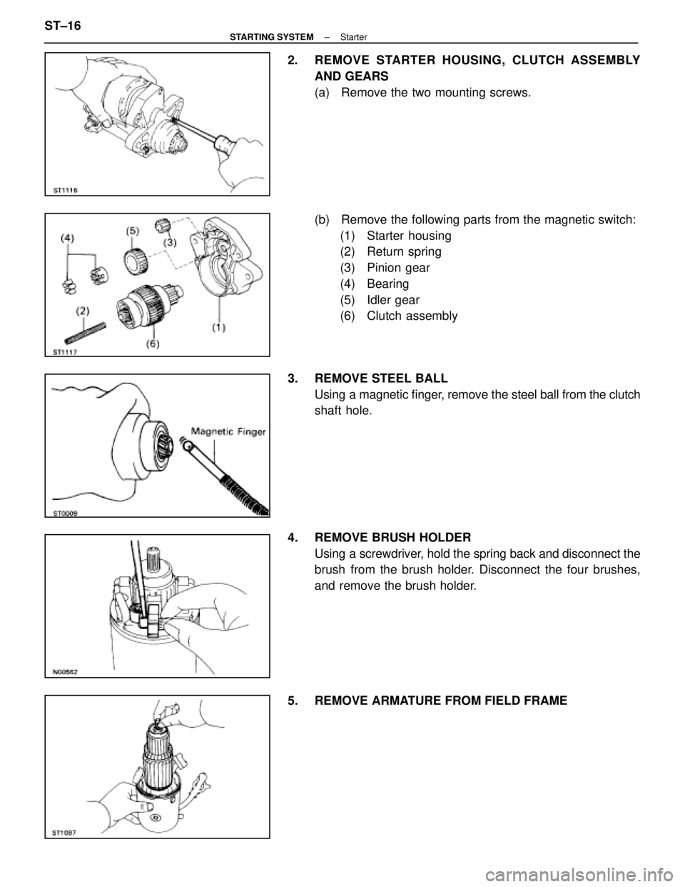 LEXUS SC300 1991  Service Repair Manual 
2.  REMOVE STARTER HOUSING, CLUTCH ASSEMBLYAND GEARS
(a)  Remove the two mounting screws.
(b)  Remove the following parts from the magnetic switch:(1) Starter housing
(2) Return spring
(3) Pinion gea