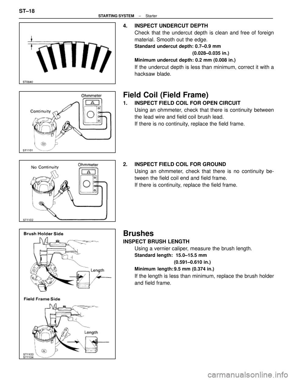 LEXUS SC300 1991  Service Repair Manual 
4.  INSPECT UNDERCUT DEPTHCheck that the undercut depth is clean and free of foreign
material. Smooth out the edge.
Standard undercut depth: 0.7±0.9 mm
(0.028±0.035 in.)
Minimum undercut depth: 0.2