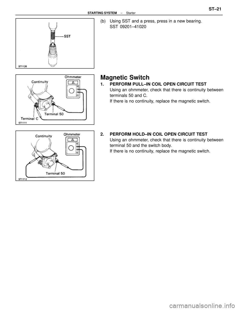 LEXUS SC300 1991  Service Repair Manual 
(b)  Using SST and a press, press in a new bearing.SST 09201±41020
Magnetic Switch
1.  PERFORM PULL±IN COIL OPEN CIRCUIT TESTUsing an ohmmeter, check that there is continuity between
terminals 50 a