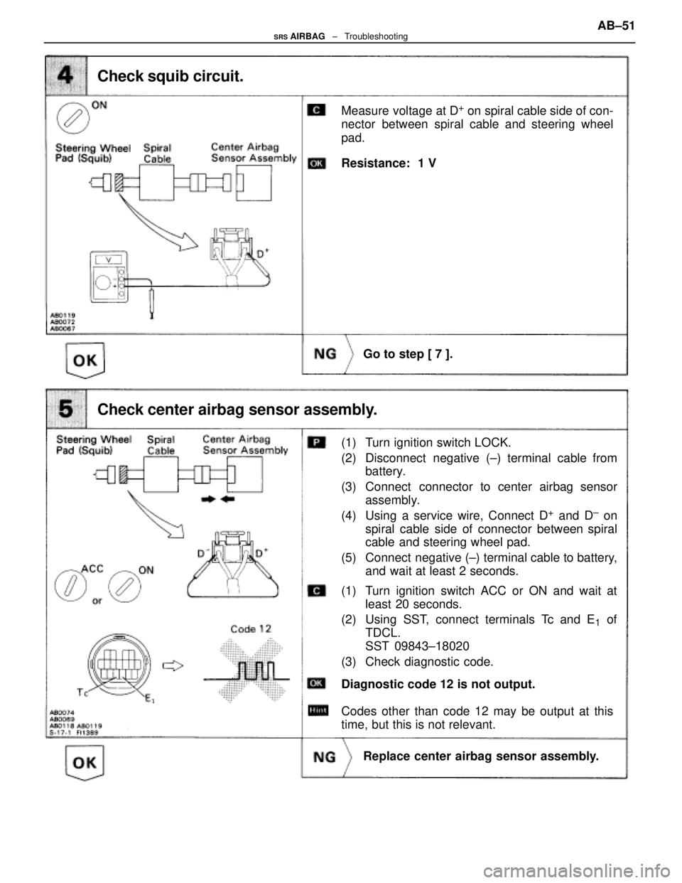 LEXUS SC300 1991  Service Repair Manual 
(1) Turn ignition switch LOCK.
(2) Disconnect  negative (±) terminal cable frombattery.
(3) Connect  connector to center airbag sensor assembly.
(4) Using a service wire, Connect D
+ and D± on
spir