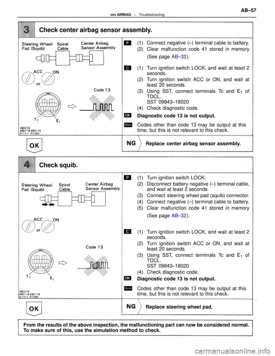 LEXUS SC300 1991 Service Repair Manual
(1) Connect negative (±) terminal cable to battery.
(2) Clear malfunction code 41 stored in memory(See page AB±32).
Check center airbag sensor assembly.
Replace center airbag sensor assembly.
(1) LEXUS SC300 1991 Service Repair Manual
(1) Connect negative (±) terminal cable to battery.
(2) Clear malfunction code 41 stored in memory(See page AB±32).
Check center airbag sensor assembly.
Replace center airbag sensor assembly.
(1)