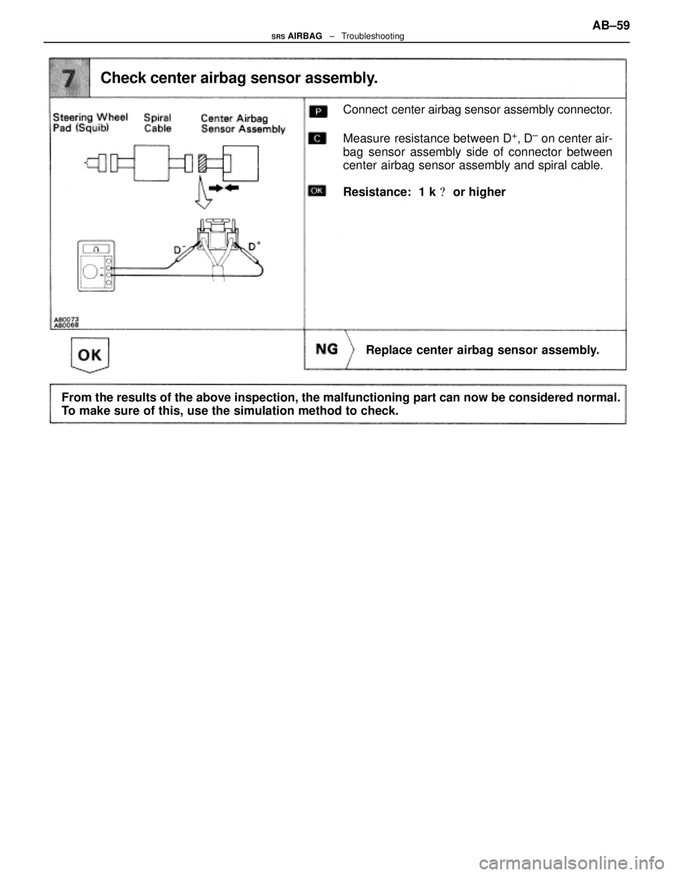 LEXUS SC300 1991  Service Repair Manual 
Check center airbag sensor assembly.
Connect  center airbag sensor assembly connector.
Measure resistance between D
+, D± on center air-
bag sensor assembly side of connector between
center airbag s