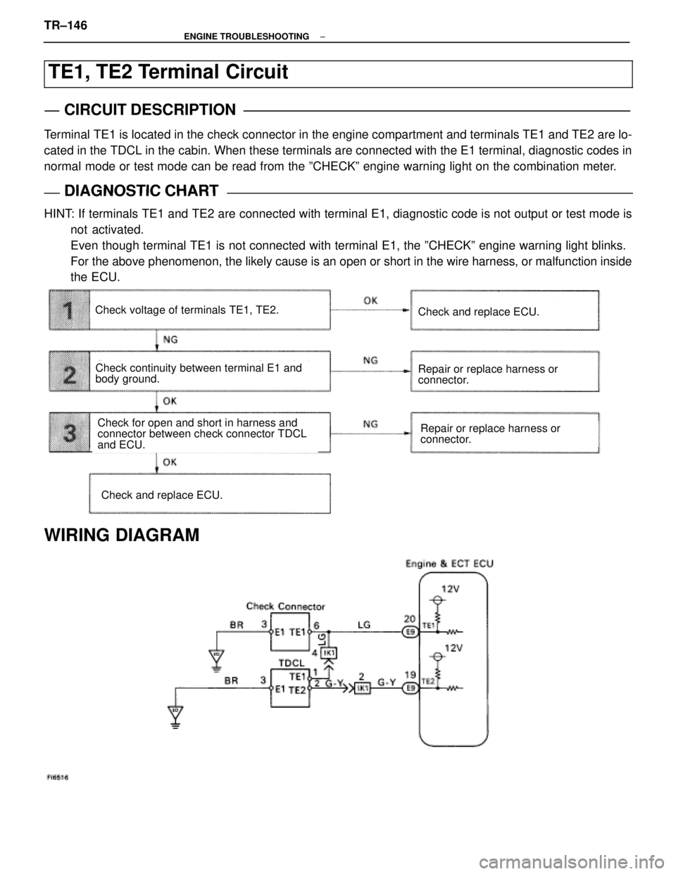 LEXUS SC300 1991 Service Repair Manual
TE1, TE2 Terminal Circuit
CIRCUIT DESCRIPTION
Terminal TE1 is located in the check connector in the engine compartment and terminals T\
E1 and TE2 are lo-
cated in the TDCL in the cabin. When these t LEXUS SC300 1991 Service Repair Manual
TE1, TE2 Terminal Circuit
CIRCUIT DESCRIPTION
Terminal TE1 is located in the check connector in the engine compartment and terminals T\
E1 and TE2 are lo-
cated in the TDCL in the cabin. When these t