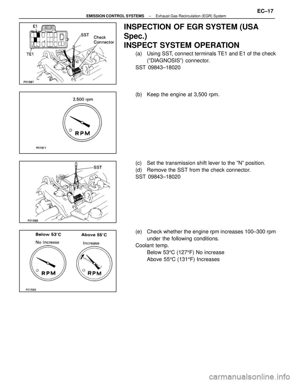 LEXUS SC300 1991  Service Repair Manual 
INSPECTION OF EGR SYSTEM (USA
Spec.)
INSPECT SYSTEM OPERATION
(a)  Using SST, connect terminals TE1 and E1 of the check(ºDIAGNOSISº) connector.
SST 09843±18020
(b)  Keep the engine at 3,500 rpm.
(