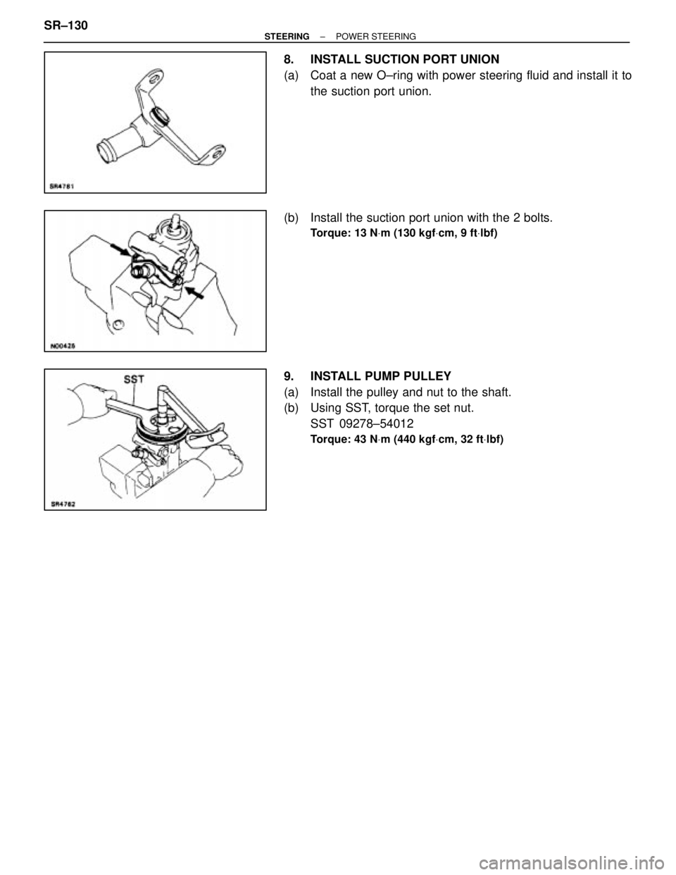 LEXUS SC300 1991  Service Repair Manual 
8.  INSTALL SUCTION PORT UNION
(a)  Coat a new O±ring with power steering fluid and install it tothe suction port union.
(b)  Install the suction port union with the 2 bolts.
Torque: 13 N Vm (130 kg