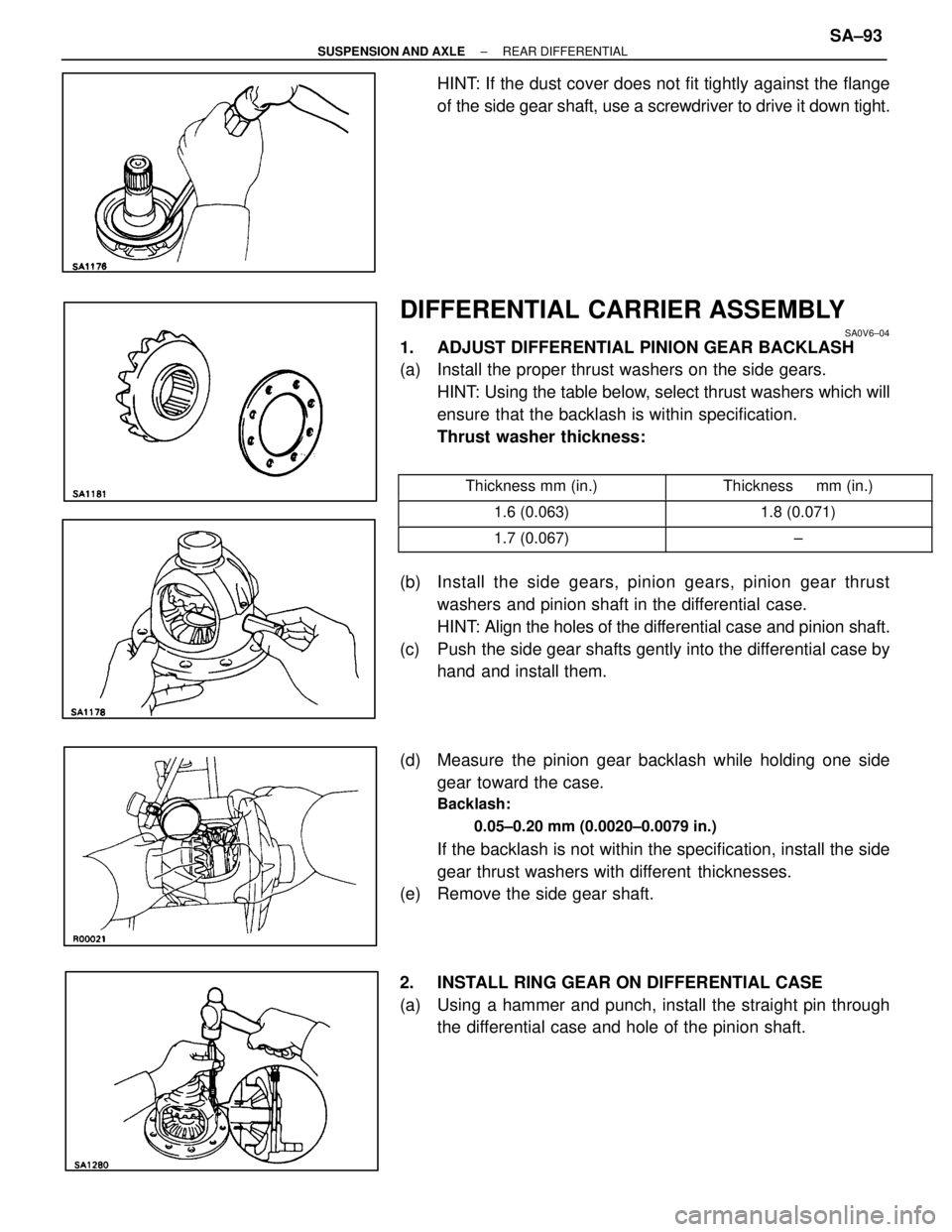 LEXUS SC300 1991 Service Repair Manual
HINT: If the dust cover does not fit tightly against the flange
of the side gear shaft, use a screwdriver to drive it down tight.
DIFFERENTIAL CARRIER ASSEMBLY
SA0V6±04
1. ADJUST DIFFERENTIAL PINIO LEXUS SC300 1991 Service Repair Manual
HINT: If the dust cover does not fit tightly against the flange
of the side gear shaft, use a screwdriver to drive it down tight.
DIFFERENTIAL CARRIER ASSEMBLY
SA0V6±04
1. ADJUST DIFFERENTIAL PINIO
