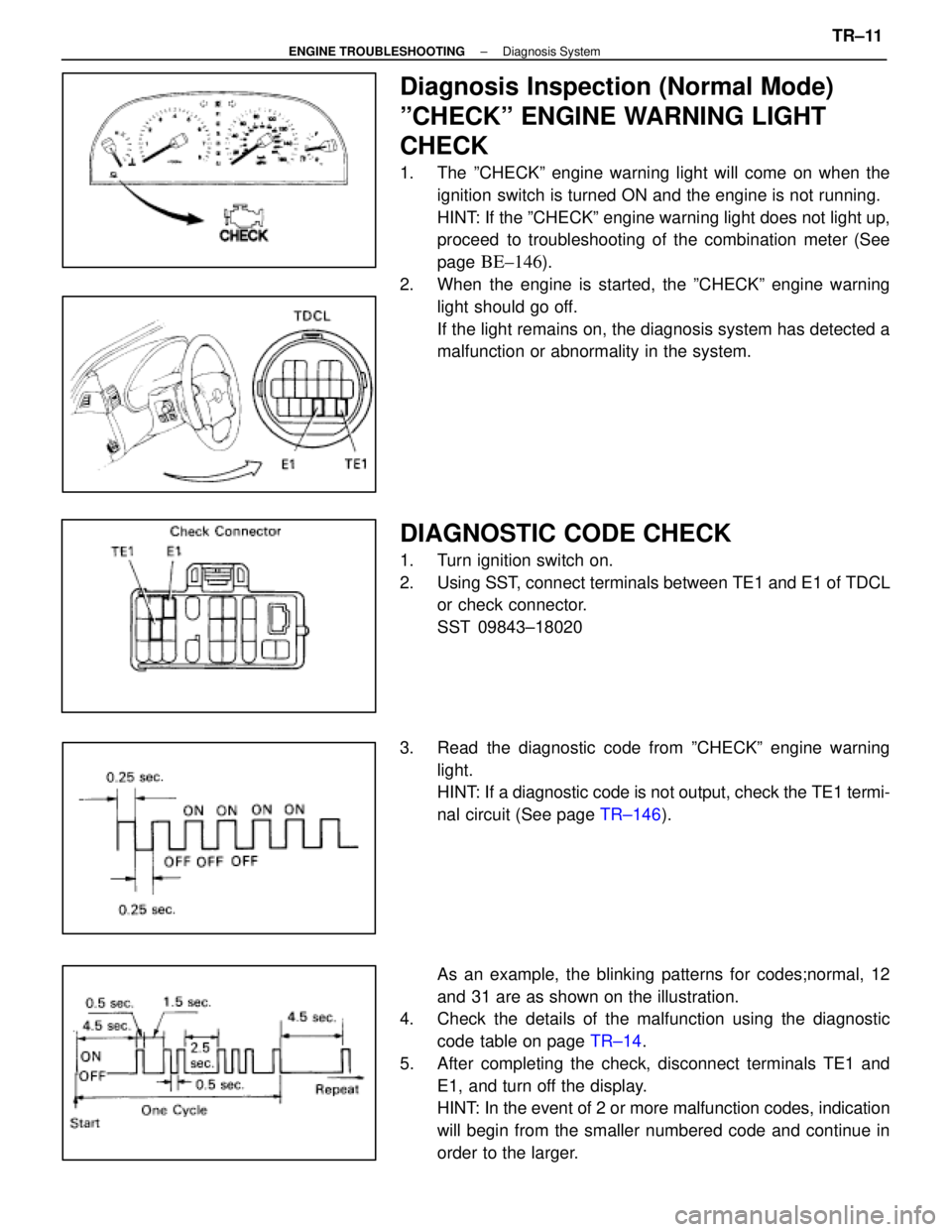 LEXUS SC300 1991 Service Repair Manual
Diagnosis Inspection (Normal Mode)
ºCHECKº ENGINE WARNING LIGHT
CHECK
1. The ºCHECKº engine warning light will come on when theignition switch is turned ON and the engine is not running.
HINT: I LEXUS SC300 1991 Service Repair Manual
Diagnosis Inspection (Normal Mode)
ºCHECKº ENGINE WARNING LIGHT
CHECK
1. The ºCHECKº engine warning light will come on when theignition switch is turned ON and the engine is not running.
HINT: I