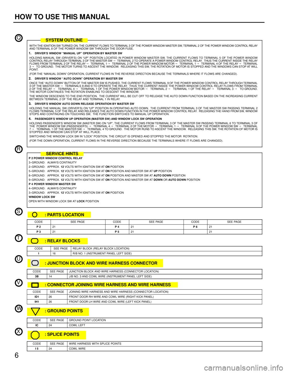LEXUS SC300 1991  Service Repair Manual 
Q
R
S
T
U
V
W
X
6
HOW TO USE THIS MANUAL
WITH THE IGNITION SW TURNED ON, THE CURRENT FLOWS TO TERMINAL 3 OF THE POWER\
 WINDOW MASTER SW, TERMINAL 2 OF THE POWER WINDOW CONTROL RELAY
AND TERMINAL 8 O