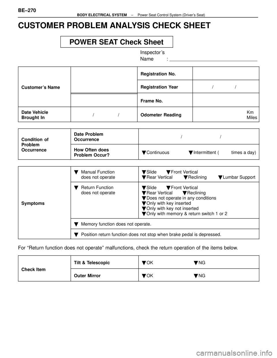 LEXUS SC300 1991  Service Repair Manual 
CUSTOMER PROBLEM ANALYSIS CHECK SHEET
POWER SEAT Check Sheet
Inspector s
Name : 
 


 


 

Registration No.
