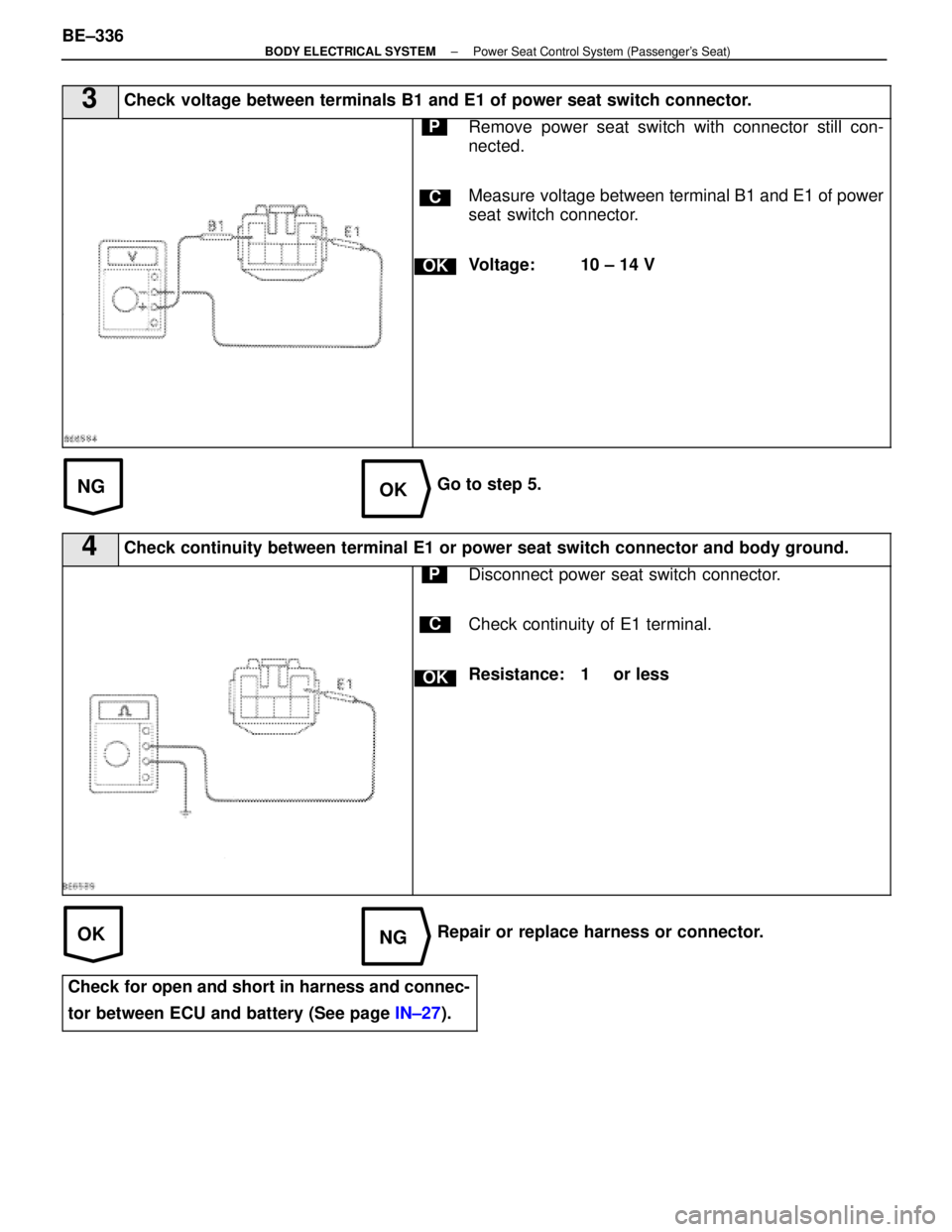 LEXUS SC300 1991  Service Repair Manual 
NGOK
OKNG
3Check voltage between terminals B1 and E1 of power seat switch connector.
C
OK
PRemove power seat switch with connector still con-
nected.
Measure voltage between terminal B1 and E1 of pow