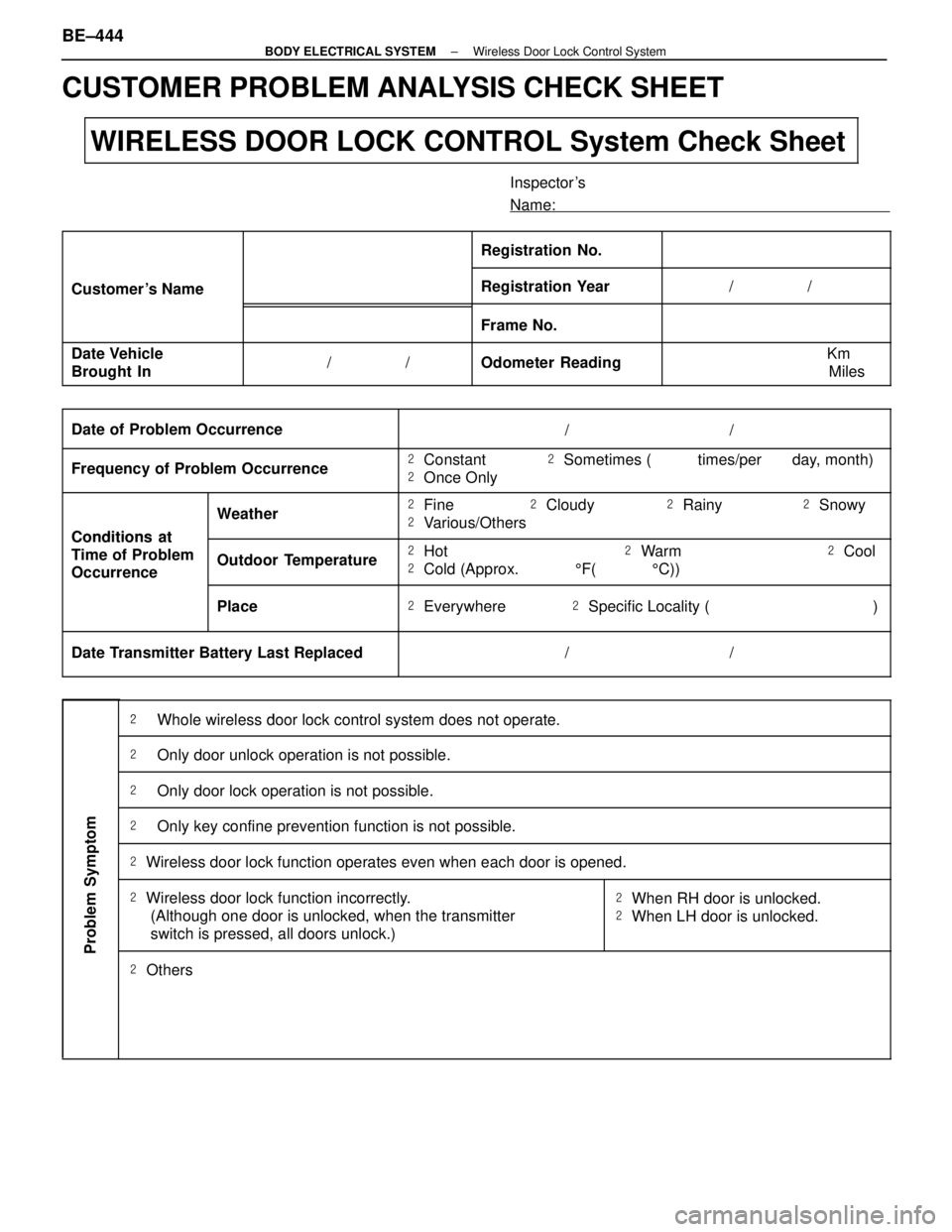 LEXUS SC300 1991 Service Repair Manual
CUSTOMER PROBLEM ANALYSIS CHECK SHEET
\
\
\
WIRELESS DOOR LOCK CONTROL System Check Sheet
Inspect LEXUS SC300 1991 Service Repair Manual
CUSTOMER PROBLEM ANALYSIS CHECK SHEET
\
\
\
WIRELESS DOOR LOCK CONTROL System Check Sheet
Inspect