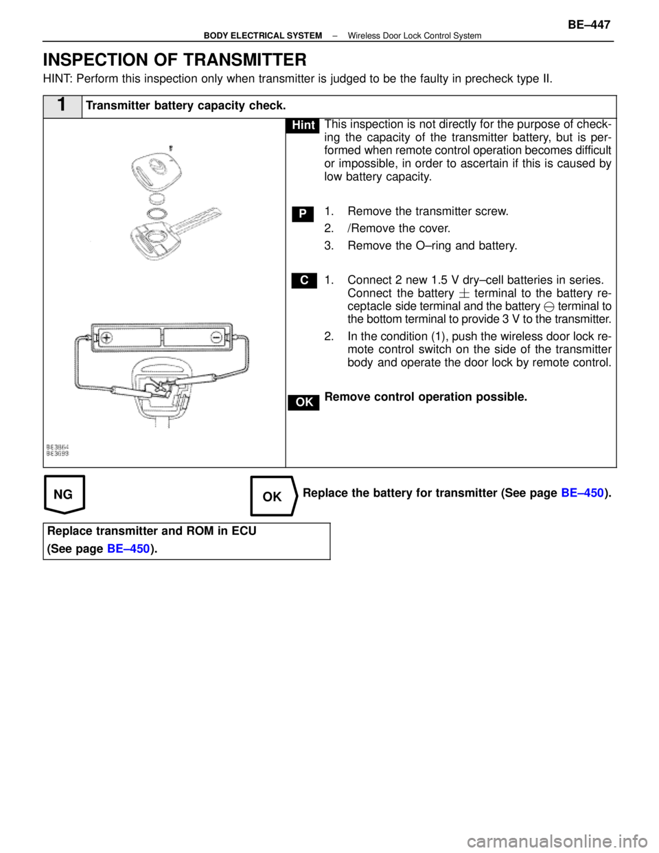 LEXUS SC300 1991 Service Repair Manual
NGOK
INSPECTION OF TRANSMITTER
HINT: Perform this inspection only when transmitter is judged to be the fault\
y in precheck type II.
1Transmitter battery capacity check.
C
OK
P
HintThis inspection is LEXUS SC300 1991 Service Repair Manual
NGOK
INSPECTION OF TRANSMITTER
HINT: Perform this inspection only when transmitter is judged to be the fault\
y in precheck type II.
1Transmitter battery capacity check.
C
OK
P
HintThis inspection is