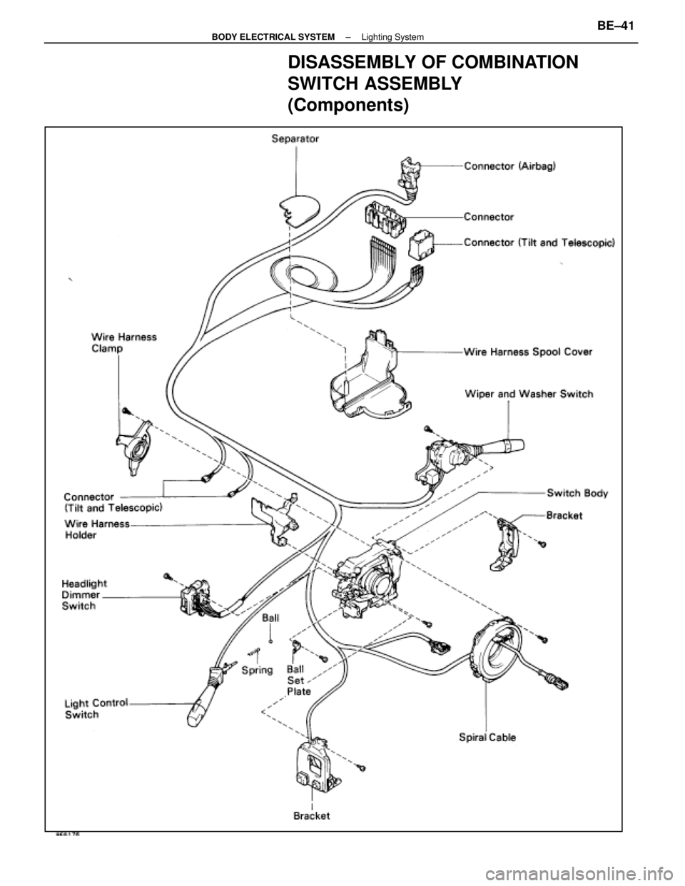 LEXUS SC300 1991  Service Repair Manual 
DISASSEMBLY OF COMBINATION
SWITCH ASSEMBLY
(Components)
±
BODY ELECTRICAL SYSTEM Lighting SystemBE±41 
WhereEverybodyKnowsYourName  