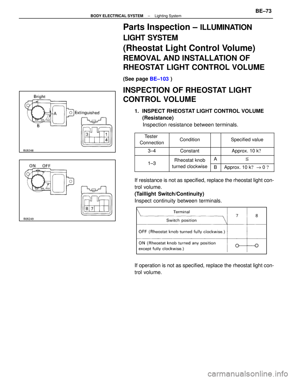 LEXUS SC300 1991  Service Repair Manual 
Parts Inspection ± ILLUMINATION
LIGHT SYSTEM
(Rheostat Light Control Volume)
REMOVAL AND INSTALLATION OF
RHEOSTAT LIGHT CONTROL VOLUME
(See page  BE±103 )
INSPECTION OF RHEOSTAT LIGHT
CONTROL VOLUM