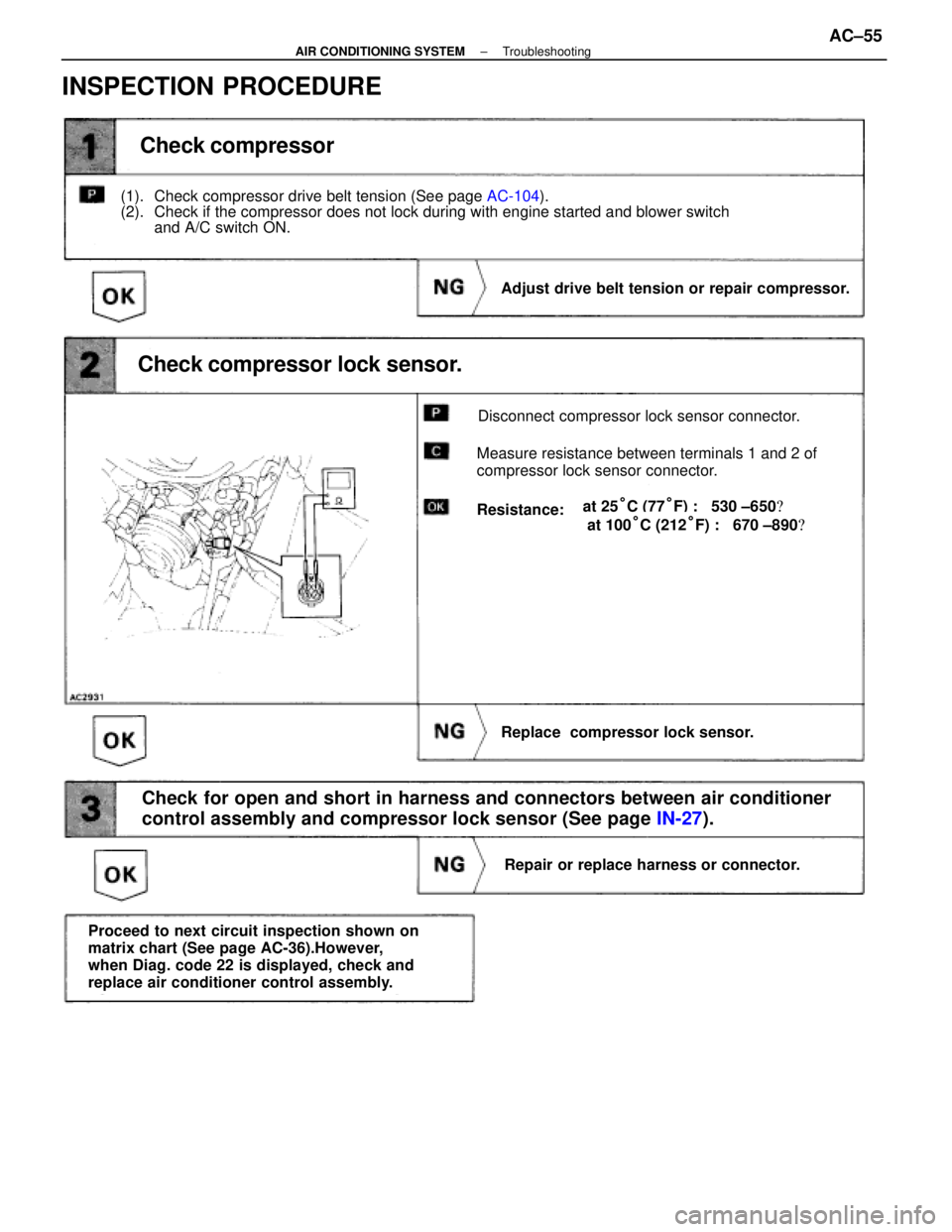 LEXUS SC300 1991  Service Repair Manual 
INSPECTION PROCEDURE
Check compressor
(1). Check compressor drive belt tension (See page AC-104).
(2). Check if the compressor does not lock during with engine started and blo\
wer switch and A/C swi