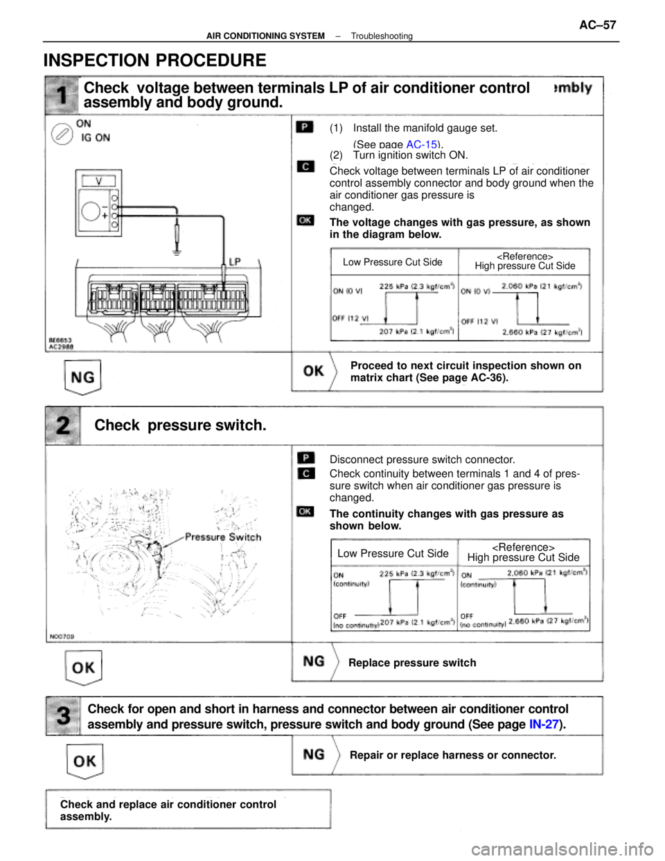 LEXUS SC300 1991 Service Repair Manual
9
Check voltage between terminals LP of air conditioner control
assembly and body ground.
(1) Install the manifold gauge set.(See page AC-15).
(2) Turn ignition switch ON.
Check voltage between ter LEXUS SC300 1991 Service Repair Manual
9
Check voltage between terminals LP of air conditioner control
assembly and body ground.
(1) Install the manifold gauge set.(See page AC-15).
(2) Turn ignition switch ON.
Check voltage between ter