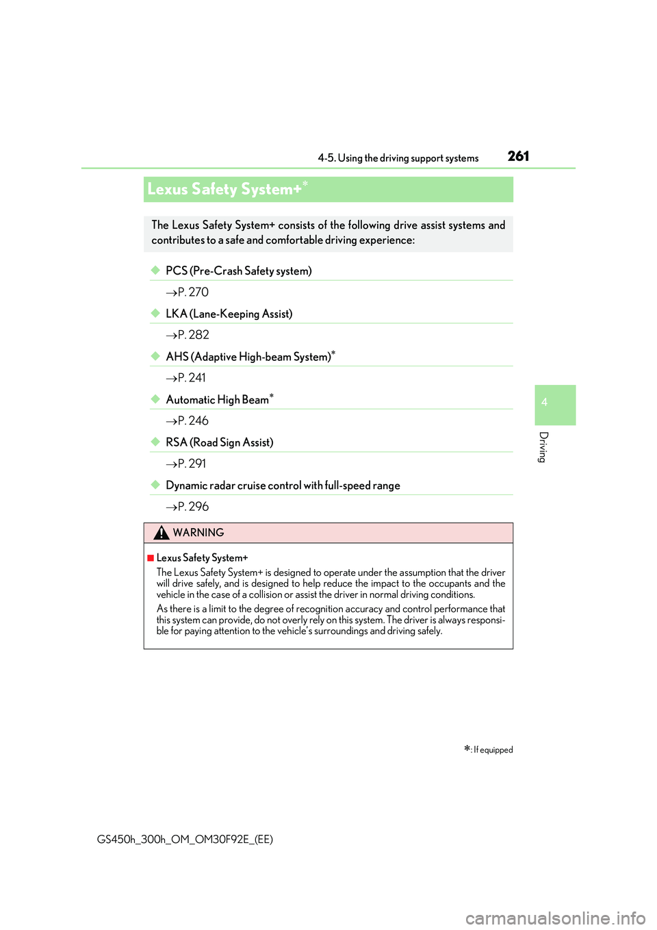 LEXUS GS300H 2019  Owners Manual 261
4 
4-5. Using the driving support systems
Driving
GS450h_300h_OM_OM30F92E_(EE)
Lexus Safety System+
◆PCS (Pre-Crash Safety system) 
 P. 270
◆LKA (Lane-Keeping Assist) 
 P. 282
◆AHS 