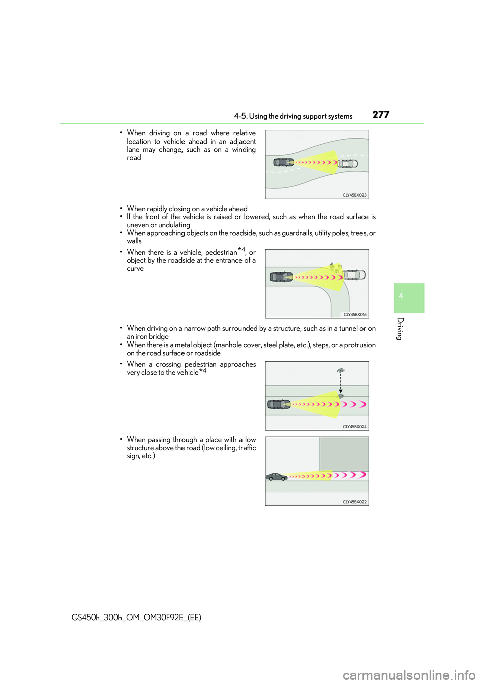 LEXUS GS300H 2019  Owners Manual 2774-5. Using the driving support systems
4
Driving
GS450h_300h_OM_OM30F92E_(EE) 
• When rapidly closing on a vehicle ahead • If the front of the vehicle is raised or lowered, such as when the roa