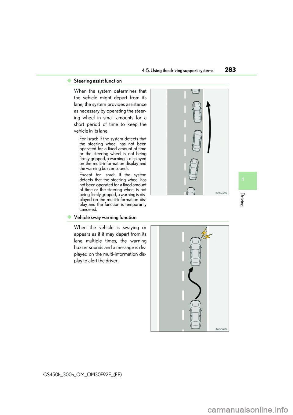 LEXUS GS300H 2019  Owners Manual 2834-5. Using the driving support systems
4
Driving
GS450h_300h_OM_OM30F92E_(EE)
◆Steering assist function 
When the system determines that 
the vehicle might depart from its 
lane, the system provi