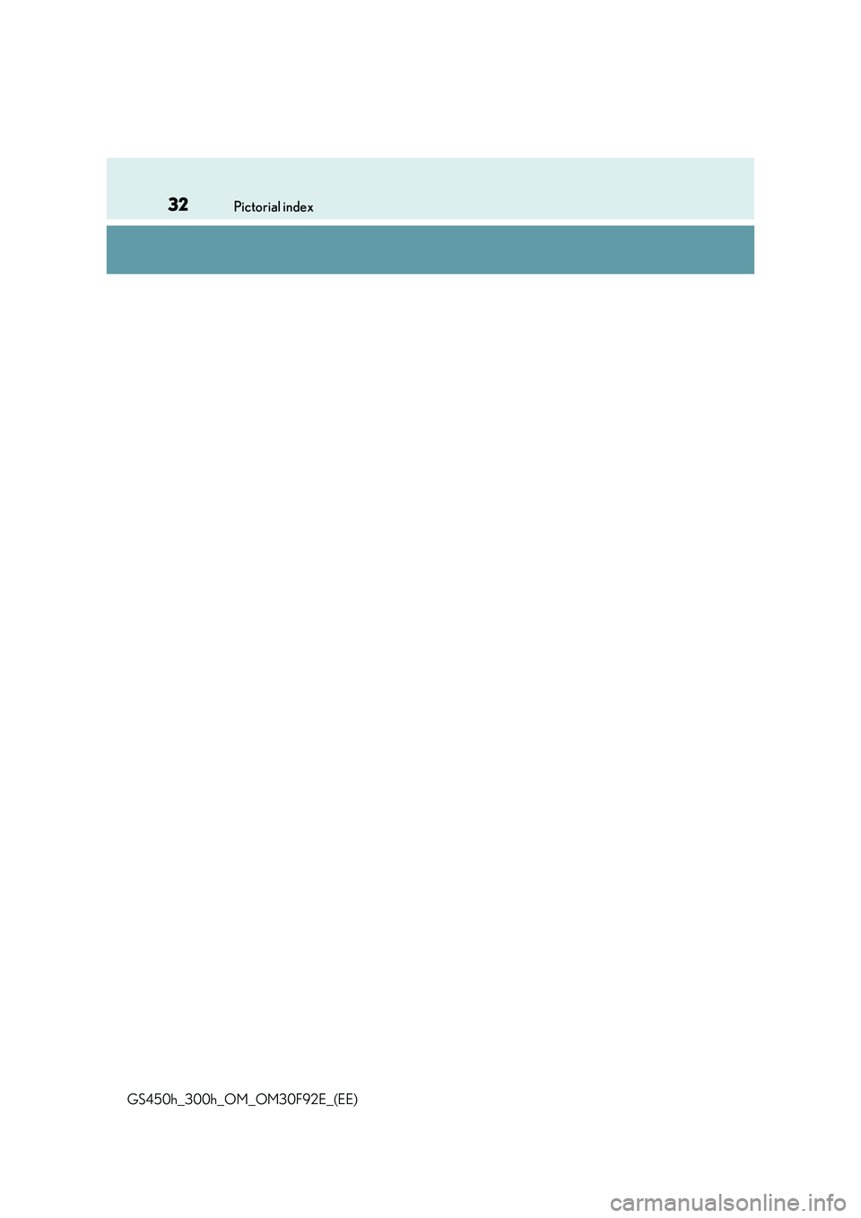 LEXUS GS300H 2019  Owners Manual 32Pictorial index 
GS450h_300h_OM_OM30F92E_(EE) 