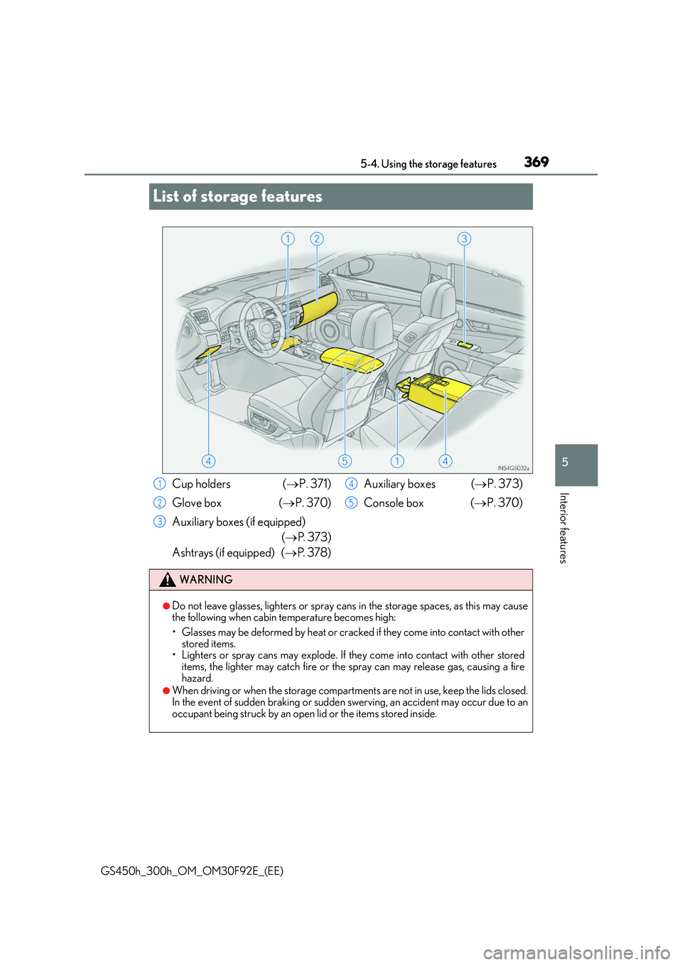 LEXUS GS300H 2019  Owners Manual 369
5 
5-4. Using the storage features
Interior features
GS450h_300h_OM_OM30F92E_(EE)
List of storage features
Cup holders  ( P. 371) 
Glove box  ( P. 370) 
Auxiliary boxes (if equipped)  
( 