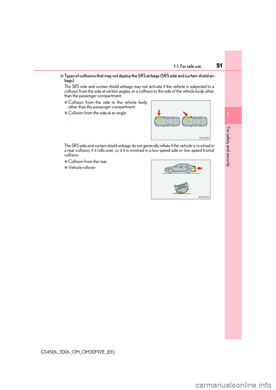 LEXUS GS300H 2019  Owners Manual 511-1. For safe use
1
For safety and security
GS450h_300h_OM_OM30F92E_(EE)
■Types of collisions that may not deploy the SRS airbags (SRS side and curtain shield air- bags) 
The SRS side and curtain 