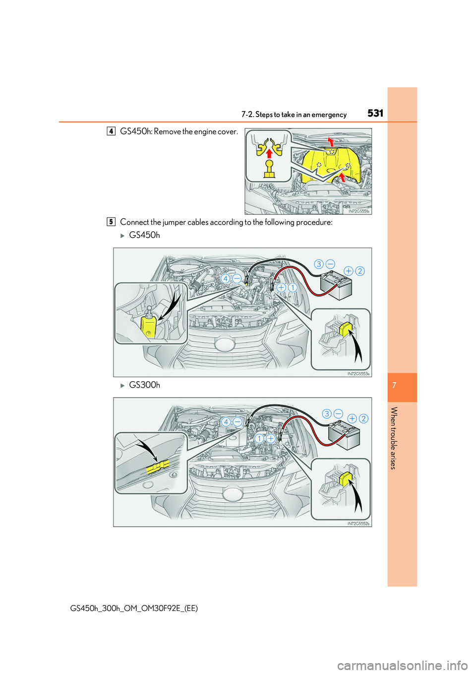LEXUS GS300H 2019  Owners Manual 5317-2. Steps to take in an emergency
7
When trouble arises
GS450h_300h_OM_OM30F92E_(EE)
GS450h: Remove the engine cover. 
Connect the jumper cables according to the following procedure:
GS450h
