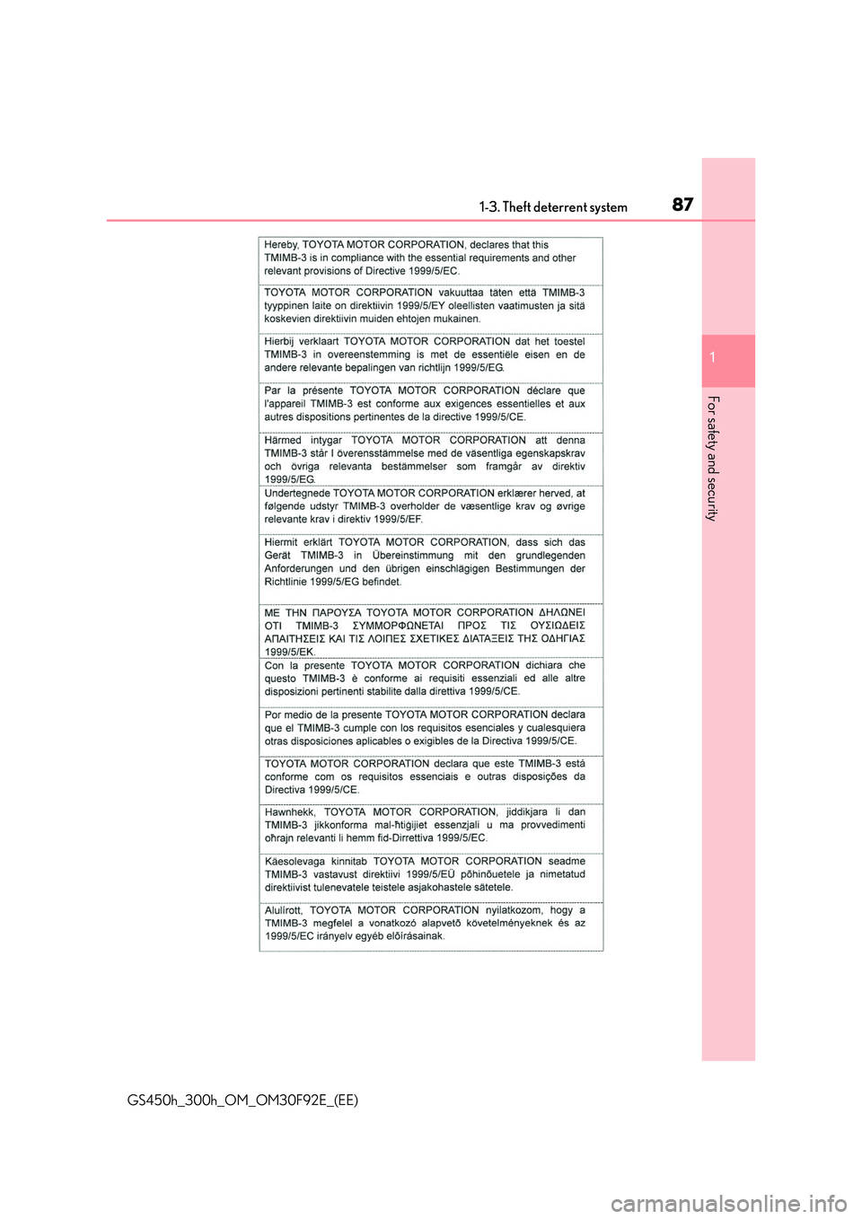 LEXUS GS300H 2019  Owners Manual 871-3. Theft deterrent system
1 
GS450h_300h_OM_OM30F92E_(EE)
For safety and security 
