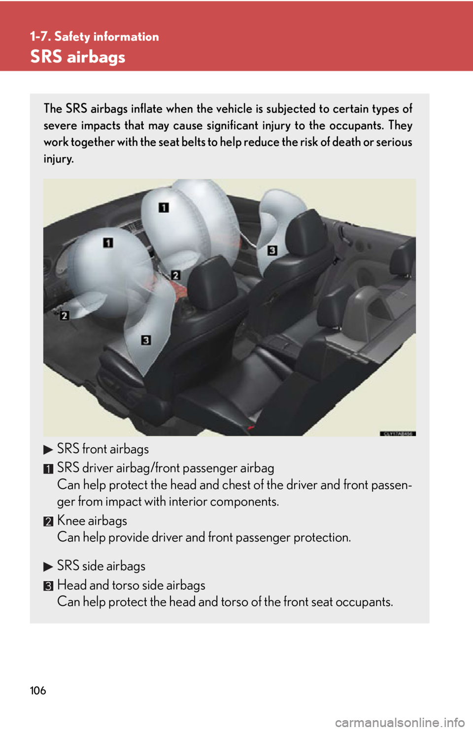 LEXUS IS250C 2013  Owners Manual 106
1-7. Safety information
SRS airbags
The SRS airbags inflate when the vehicle is subjected to certain types of
severe impacts that may cause significant injury to the occupants. They
work together 