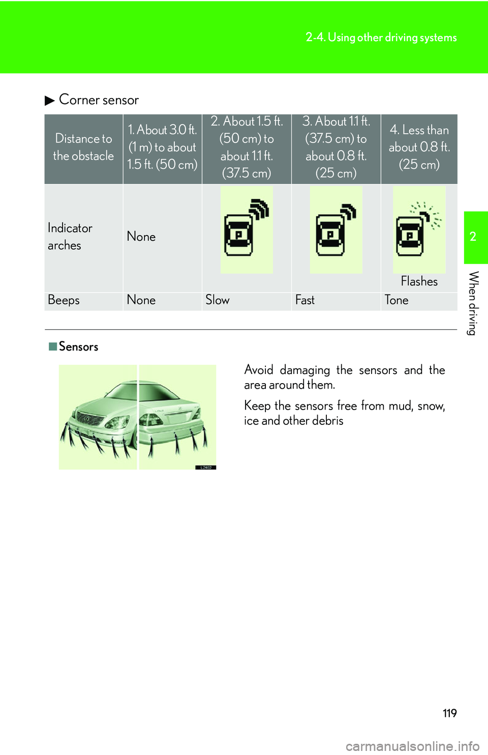 LEXUS LS430 2006  Owners Manual 119
2-4. Using other driving systems
2
When driving
Corner sensor
Distance to 
the obstacle1. About 3.0 ft.  (1 m) to about 
1.5 ft. (50 cm)2. About 1.5 ft.  (50 cm) to about 1.1 ft.  (37.5 cm)3. Abou