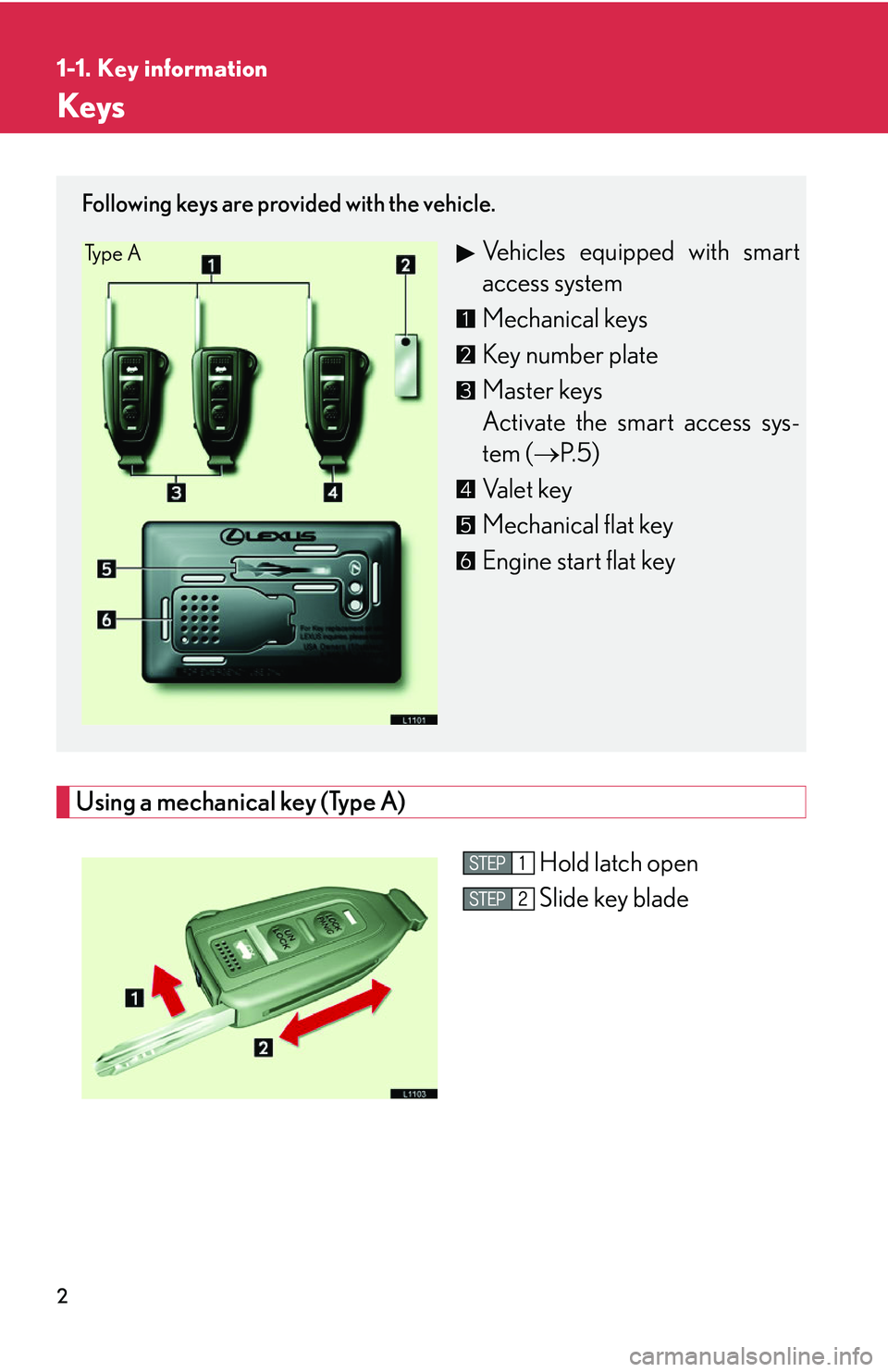 LEXUS LS430 2006  Owners Manual 2
1-1. Key information
Keys
Using a mechanical key (Type A)
Hold latch open
Slide key blade
Following keys are provided with the vehicle.
Vehicles equipped with smart 
access system
Mechanical keys 
K