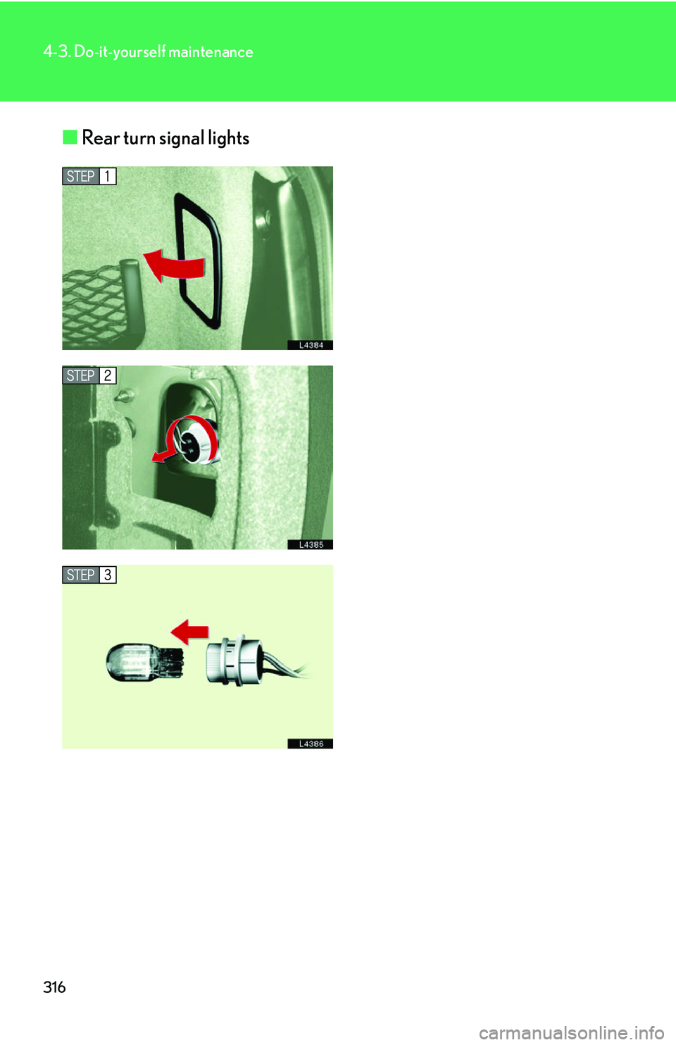 LEXUS LS430 2006  Owners Manual 316
4-3. Do-it-yourself maintenance
■Rear turn signal lights 