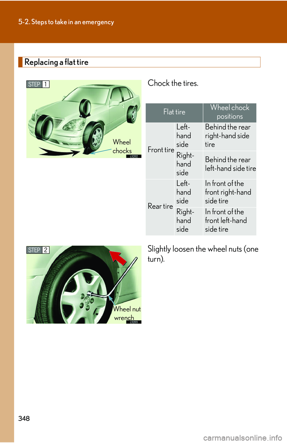 LEXUS LS430 2006  Owners Manual 348
5-2. Steps to take in an emergency
Replacing a flat tire
Chock the tires.
Slightly loosen the wheel nuts (one 
turn).
Wheel 
chocks
Flat tireWheel chock positions
Front tire
Left-
hand 
sideBehind