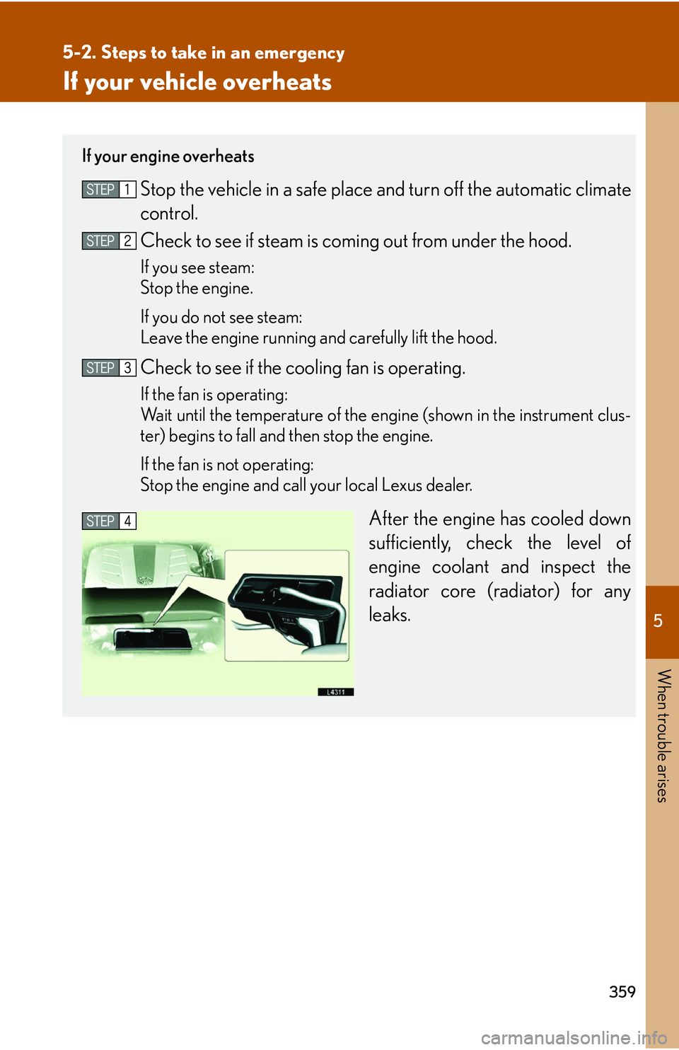 LEXUS LS430 2006  Owners Manual 5
When trouble arises
359
5-2. Steps to take in an emergency
If your vehicle overheats
If your engine overheats
Stop the vehicle in a safe place and turn off the automatic climate 
control.
Check to s